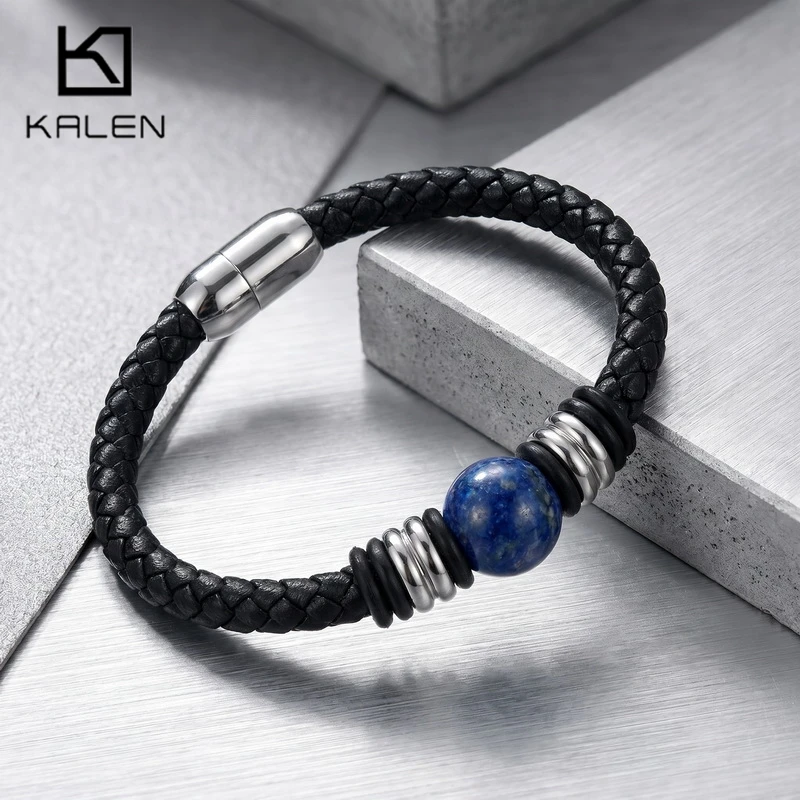 Kalen Hand Woven Black Leather Men‘s Bracelet Natural Stone Bead Stainless Steel Magnetic Closure Wrist Band Casual Jewelry Gift