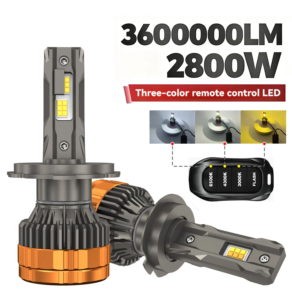 

2800W H4 LED Headlights with H1 H7 H11 9005 9006 9012 6500K 4300K 3000K Three Color Remote Control for Car Headlights Lights