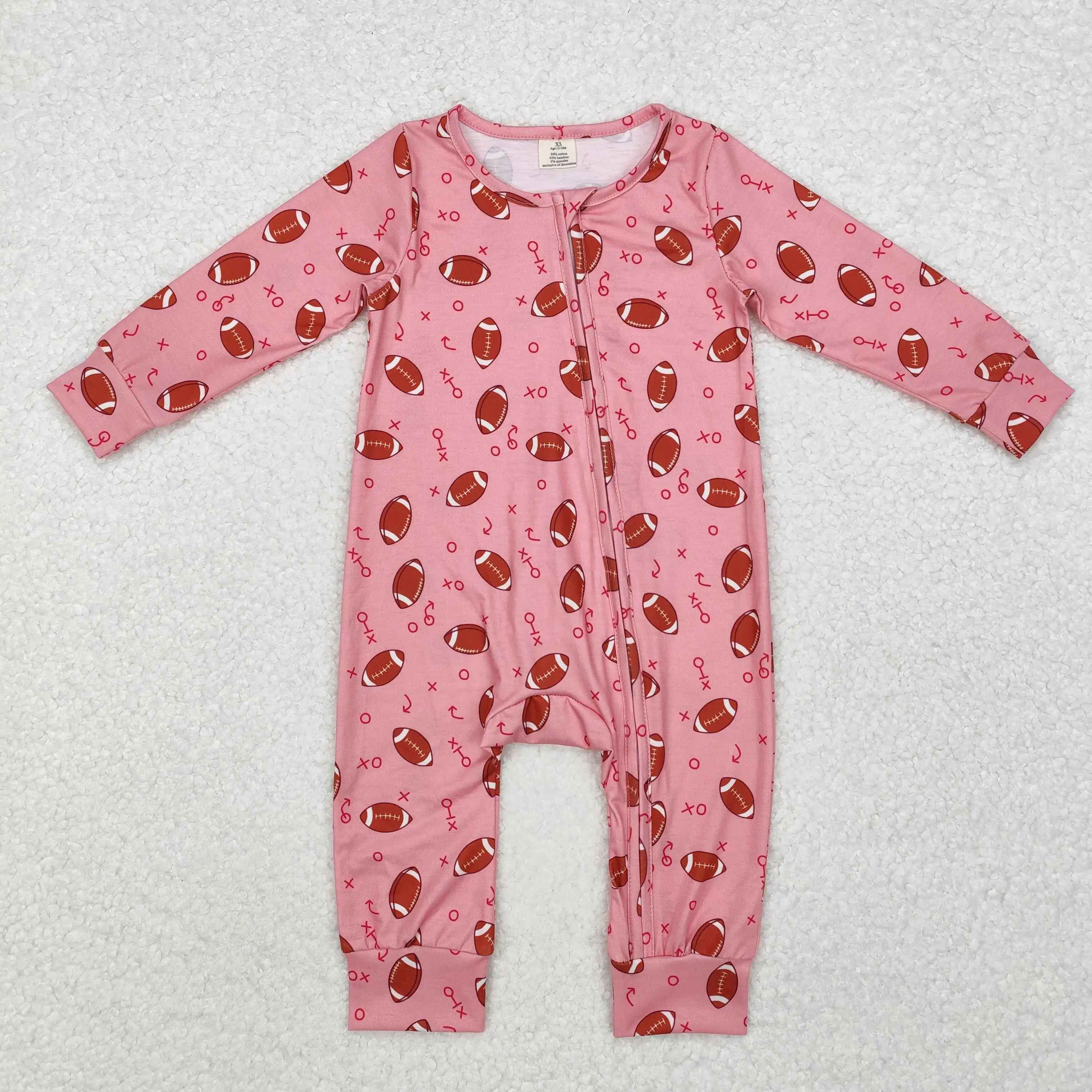 Football Pink Print Baby Girls Fall Bamboo Sleeper Zipper Romper Wholesale RTS Boutique Infants Factory Price Toddlers Clothes