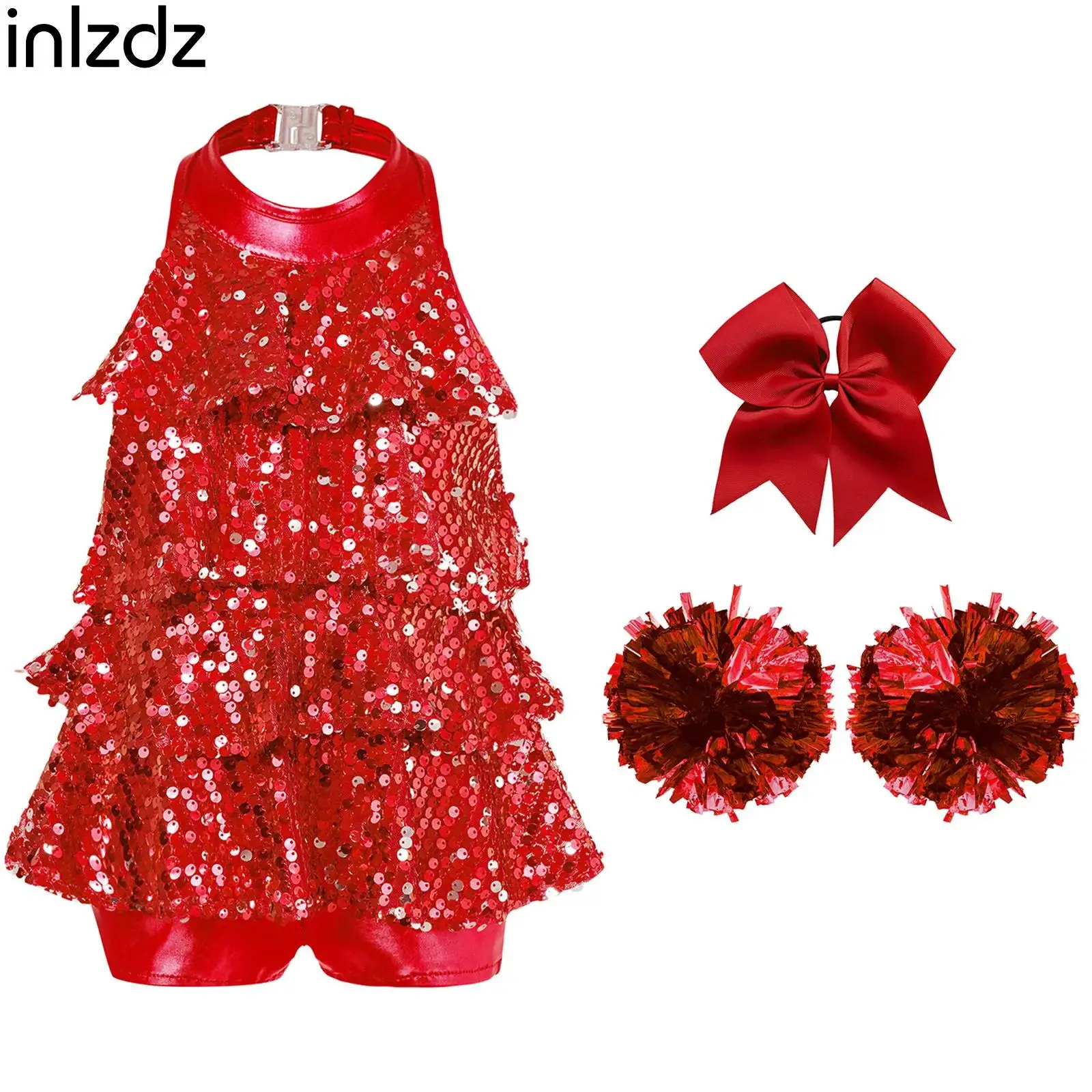 

Kids Girls Cheerleading Dance Outfits Modern Jazz Latin Chacha Dance Outfit Halter Sequins Ballet Dance Unitard Dress Dancewear