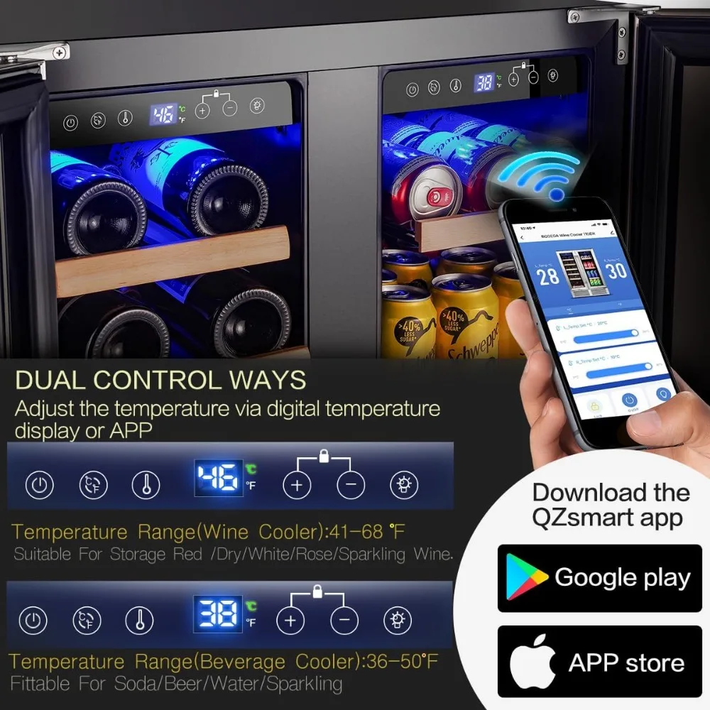 Холодильник для вина и напитков, 24-дюймовый Двухзонный охладитель вина, с умным управлением через приложение и 2 безопасными замками