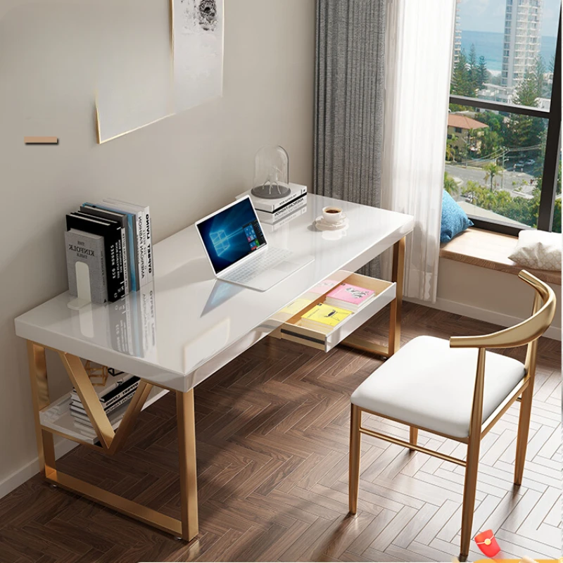 minimalist modern solid wood bedroom, painted iron table, home office, light luxury computer desk