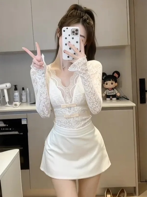 

Pure Desire Lace irt V-Ne ort Skirt Women's Autumn Winter Slim Fit Fake Two-Piece Dr Bodycon Skirt Long Sve Dr