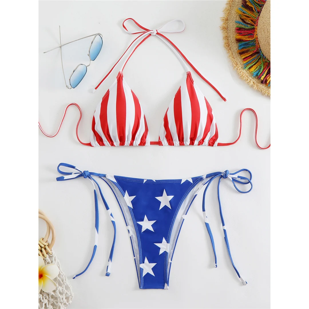 Flag-Print-Bikini mit Neckholder und hohem Beinausschnitt, zweiteiliger Badeanzug für Damen, Badebekleidung, Badeanzug, Schwimmanzug V6144 – Detail 17