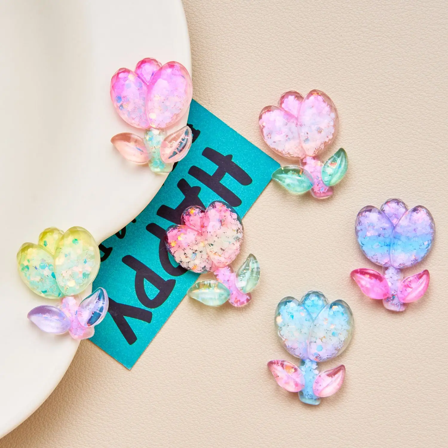 

10PCS Glitter tulip new cartoon flowers handmade cream glue resin accessories DIY jewellery hair card hairpin accessories