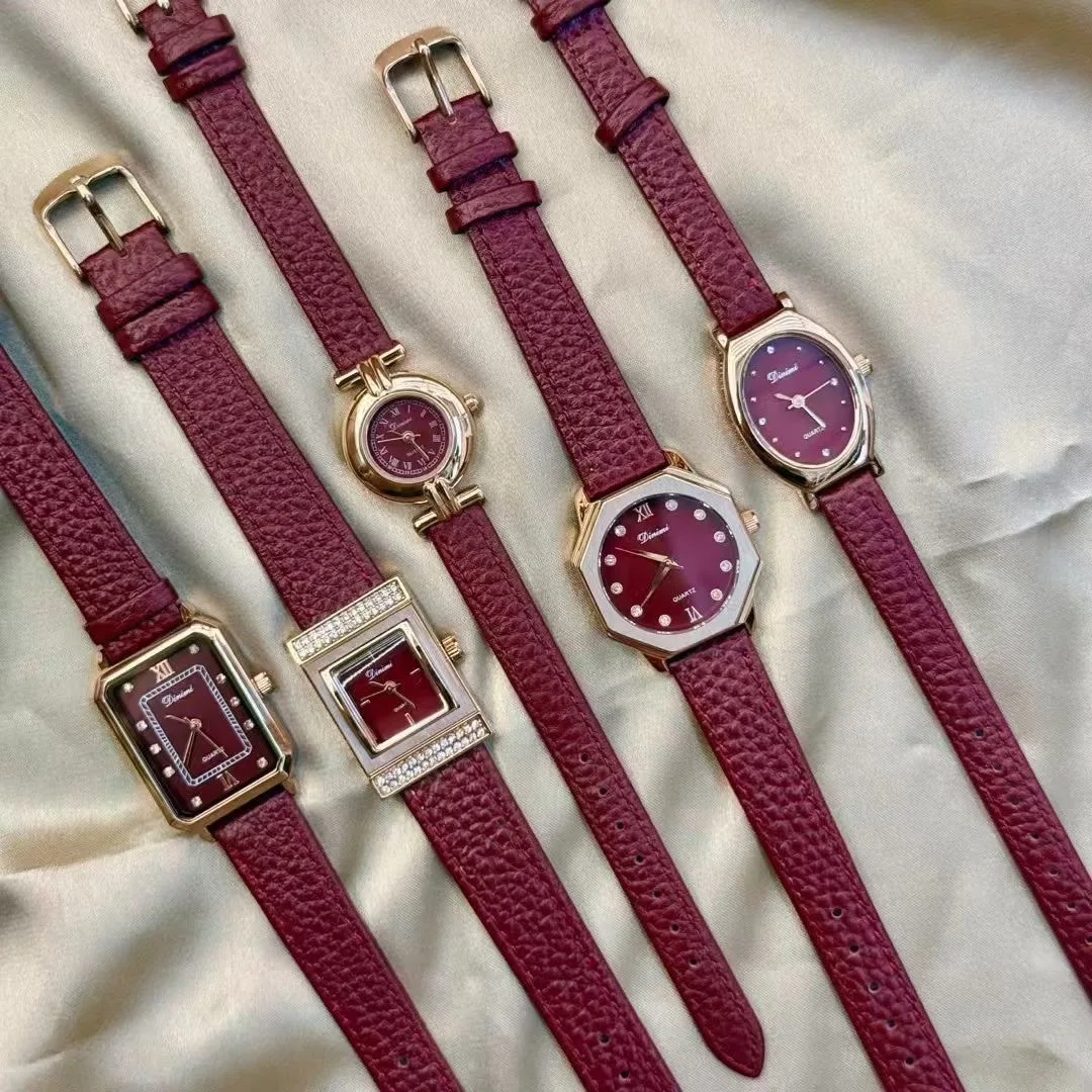 우아한 여성용 시계, 버건디 가죽 스트랩이 있는 2025년 신형 여성용 시계, 고급 시계, 여성용 주얼리, 여성용 선물