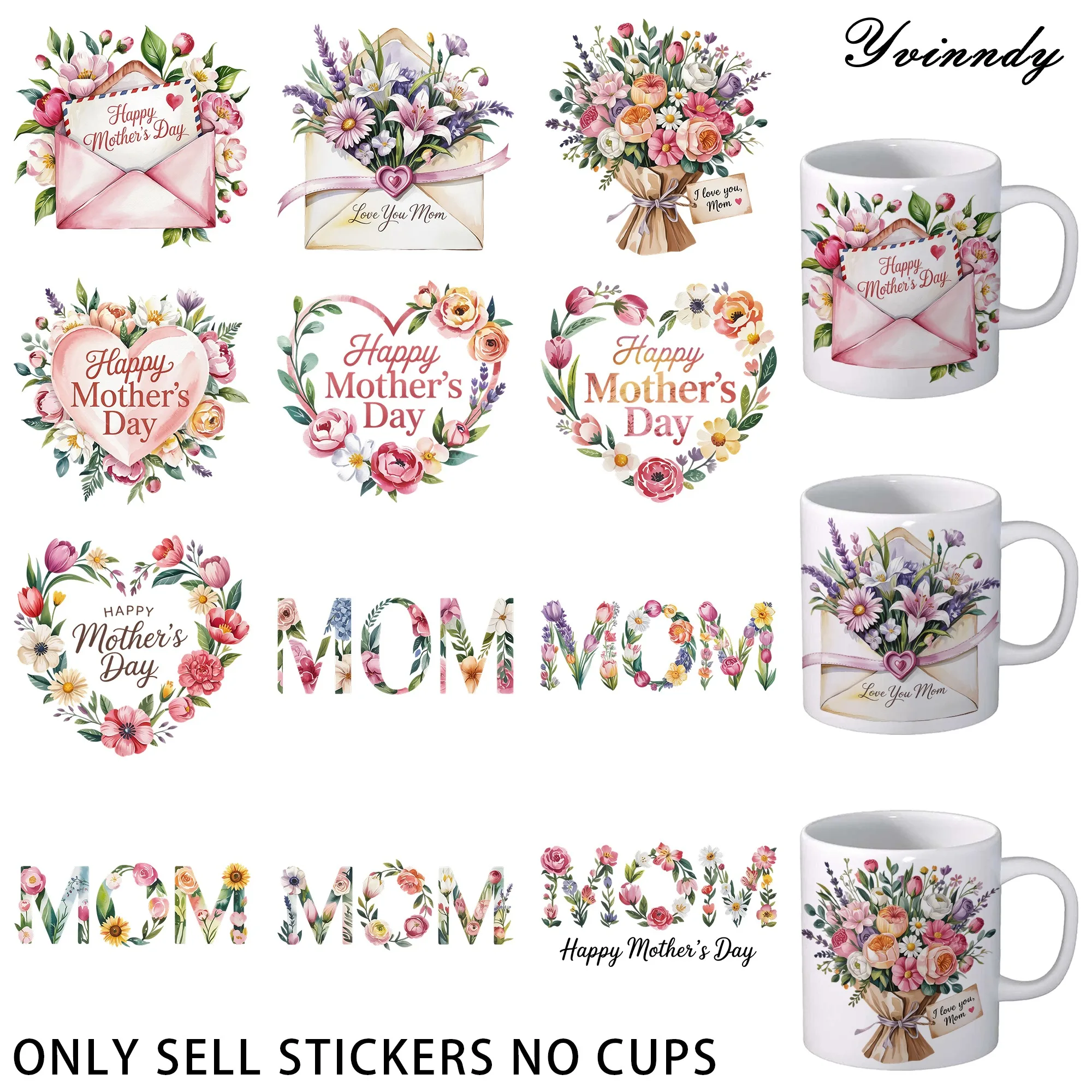 12 Stück Happy Mother's Day Blumen-Umschlag-UV-DTF-Aufkleber – wasserfestes UV-DTF-Transferpapier für Kunst und Handwerk, DIY