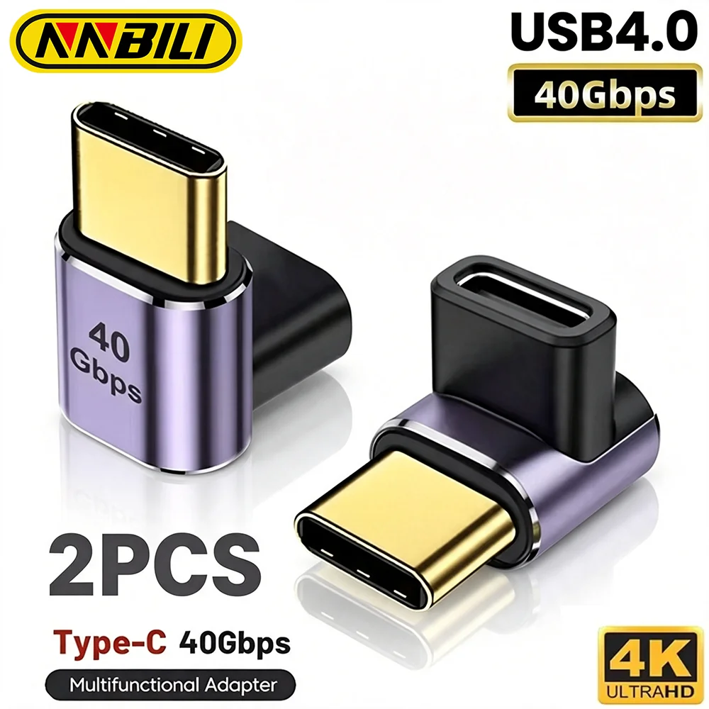 NNBILI 2Pcs USB4.0 40Gbps Adapter 90 Degree Right Angle USB Type C Male to Female Adapter 100W Fast Charging For Laptops Macbook