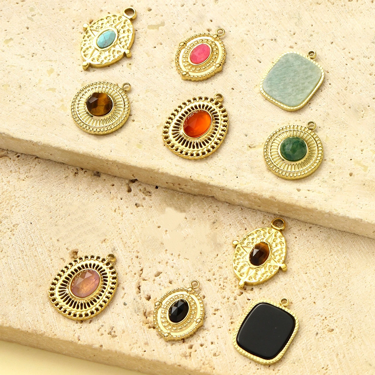 3Pcs/Lot Stainless Steel Geometrical Charms Natural Stone Pendants For DIY Making Necklace Earrings Jewelry Accessory Wholesale
