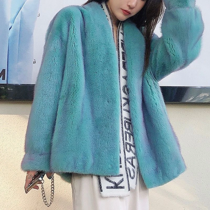 Winter Gradient Faux Fux Collarlless Teal Blue Jacket Coat for Women