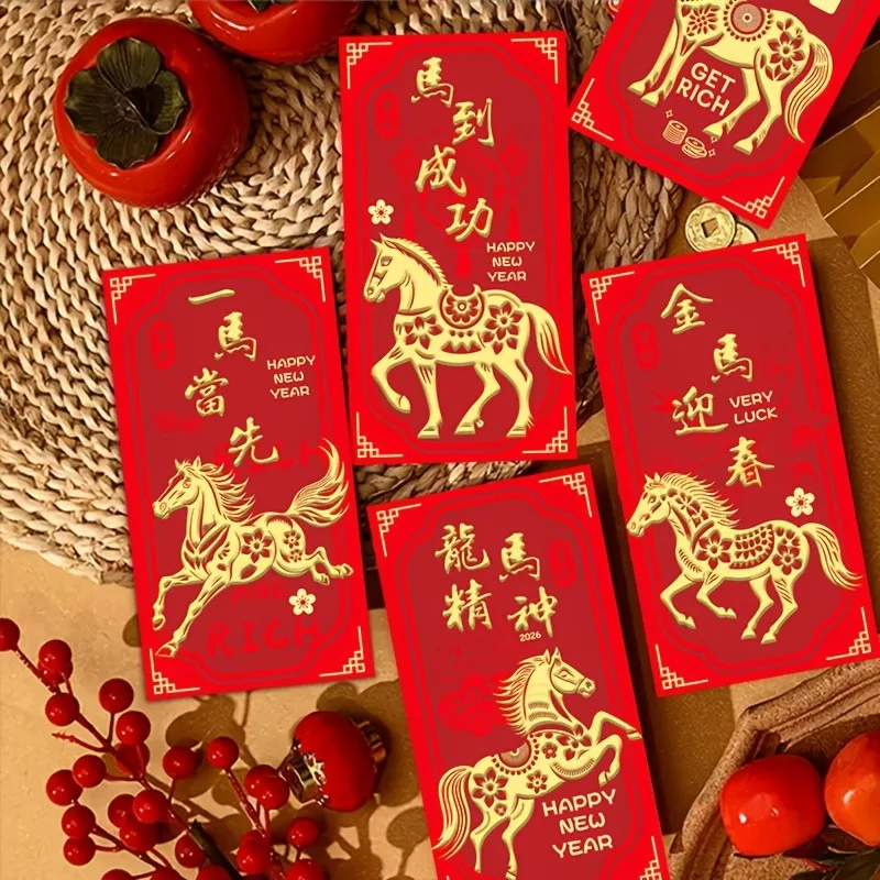 6pcs 2026 Year of The Horse Hot Stamped Red Envelope Chinese New Year Welcoming Spring New Year's Red Envelope Birthday Envelope