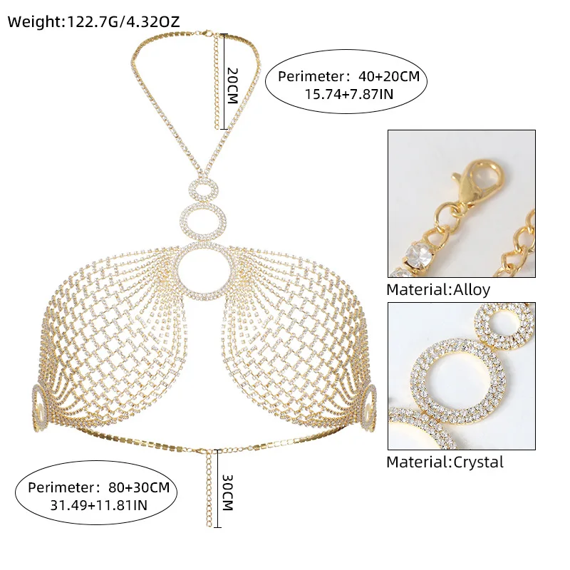 2024 New Trend Hollow Out Round Buckle Bikini Style Rhinestone Chest Chain Nightclub Women's Body Chain Jewelry