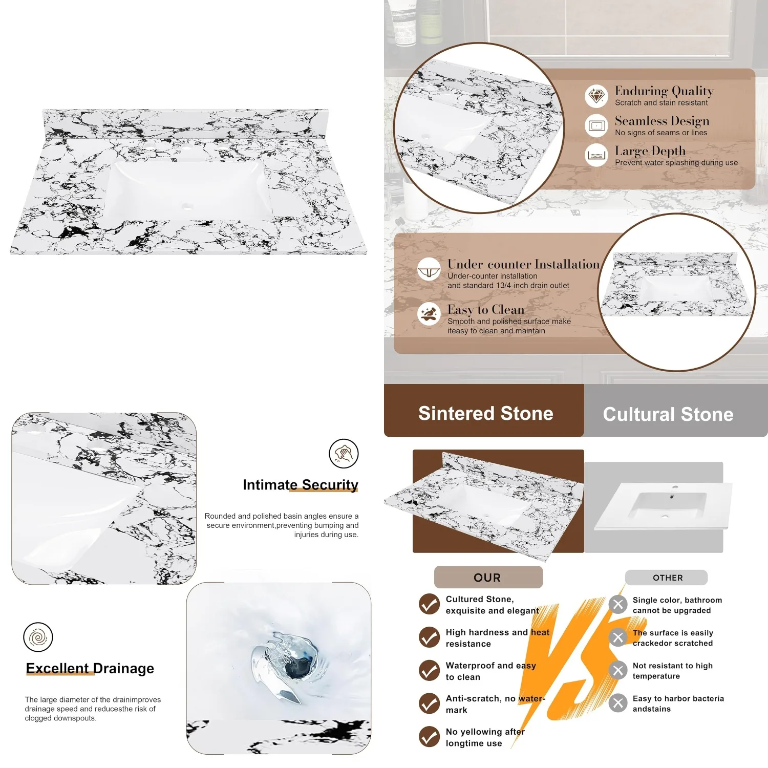 

37"x22" Artificial Marble Vanity Top Undermount Ceramic Sink 3 Holes Backsplash Bathroom, Customized