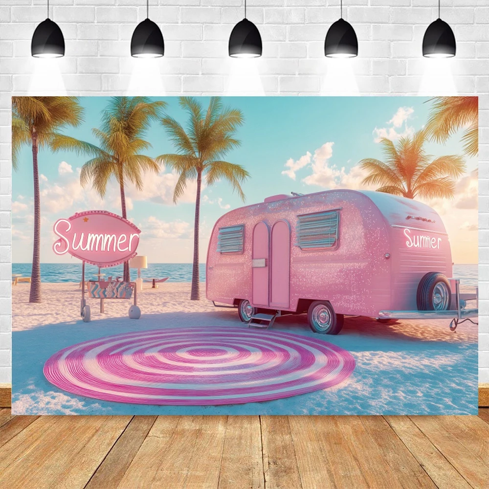 夏の写真の背景,海辺,ビーチ,日没,ピンク,バン,ヤシの木,休暇,写真スタジオ,撮影アクセサリー