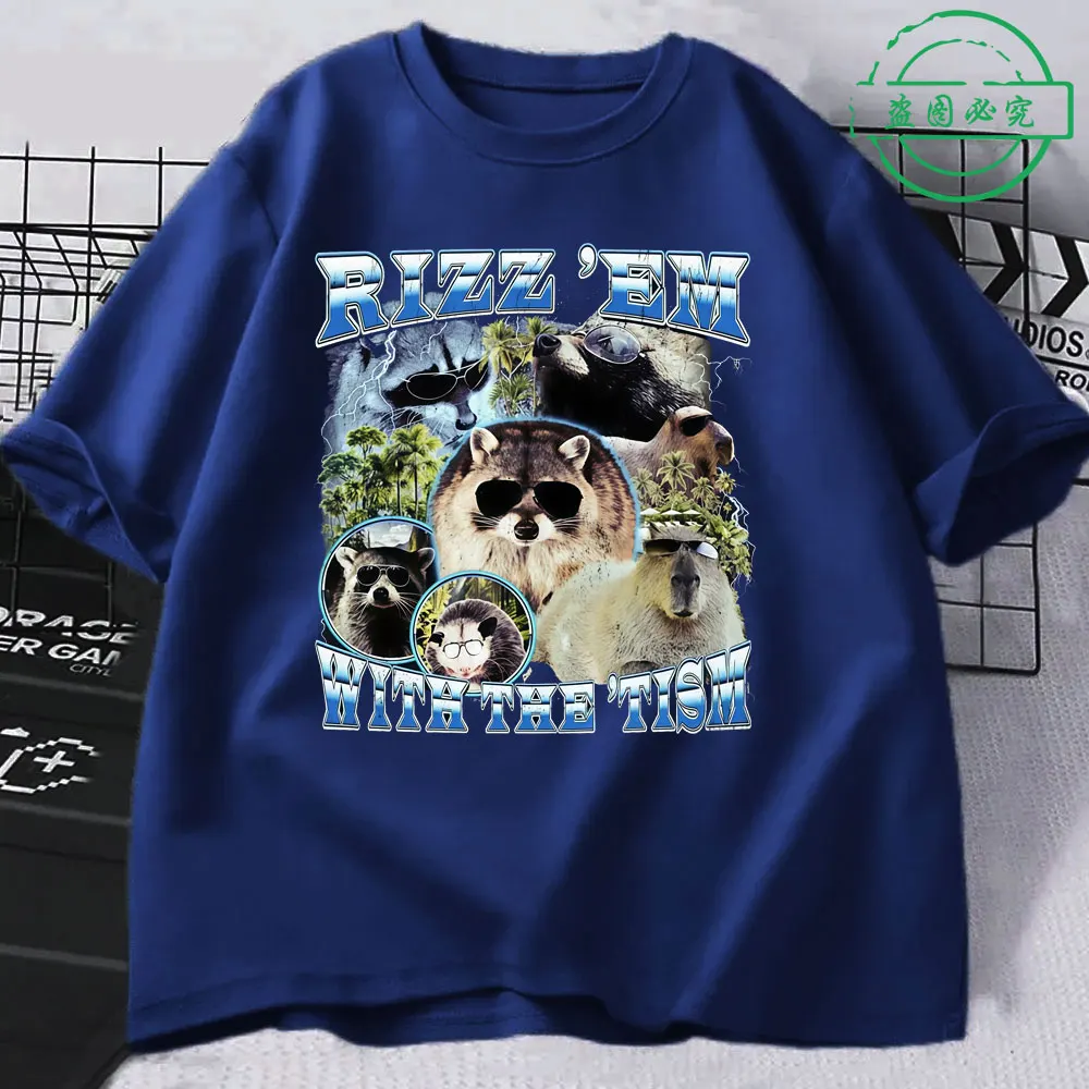 Rizz Em مع The Tism مضحك كابيبارا الراكون تي شيرت الرجال النساء الملابس عادية القطن موضة المتضخم تي شيرتات قصيرة الاكمام