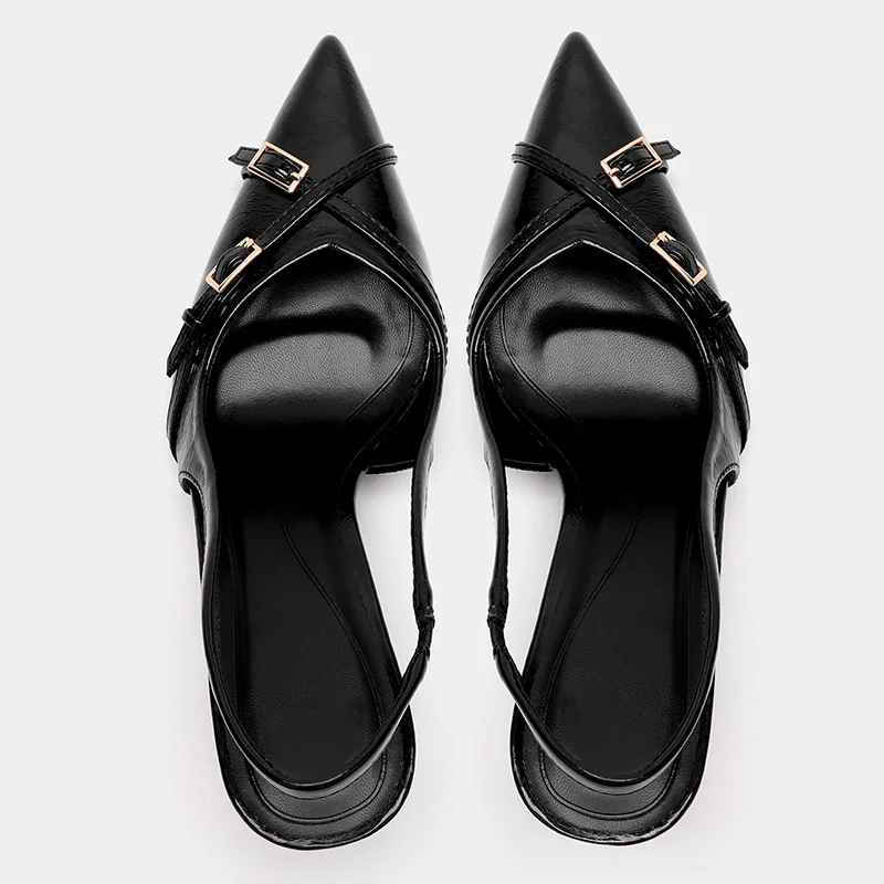 Cross Belt Buckle Strap Pointed Closed-Toe Sandales à Talons Kitten High Heels Patent Leather Back Elastic Band Pumps Women 2024