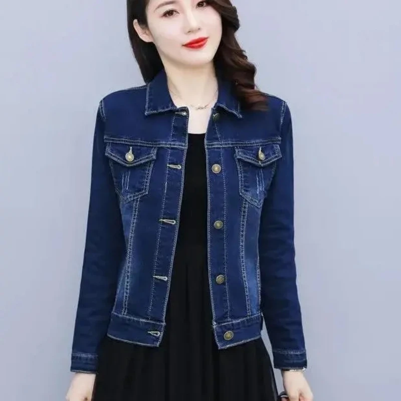 Women's Denim Jacket Fashion Slim New Outerwear Female Casual Long Sleeve Lapel Solid Coat Large Size Jean Jacket Spring Autumn