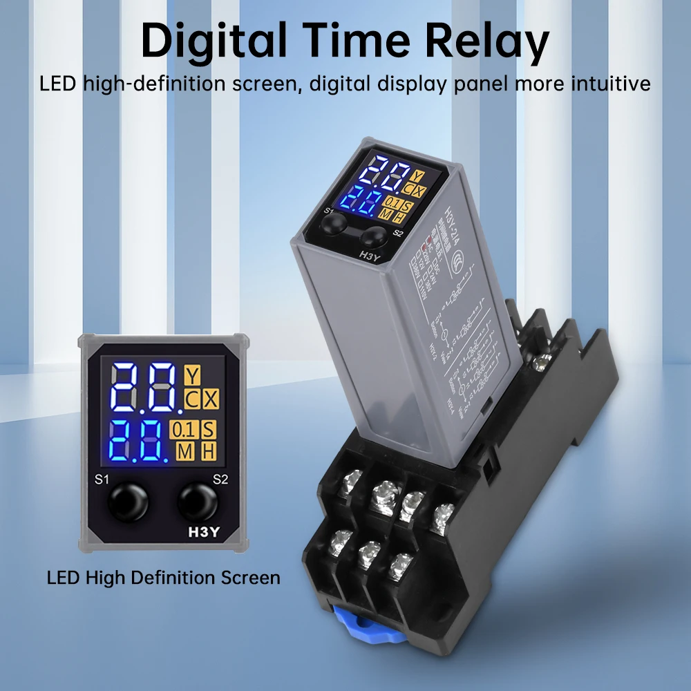 H3Y-4 LCD Display Delay Relay DC12V DC24V AC220V Dual Time with Base Small Digital Display Cycle Time Control Delayer