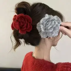 1pc Red knitted yarn rose flower hair clip with high-end feel, grabbing clip, shark clip, New Year's hair accessory for women