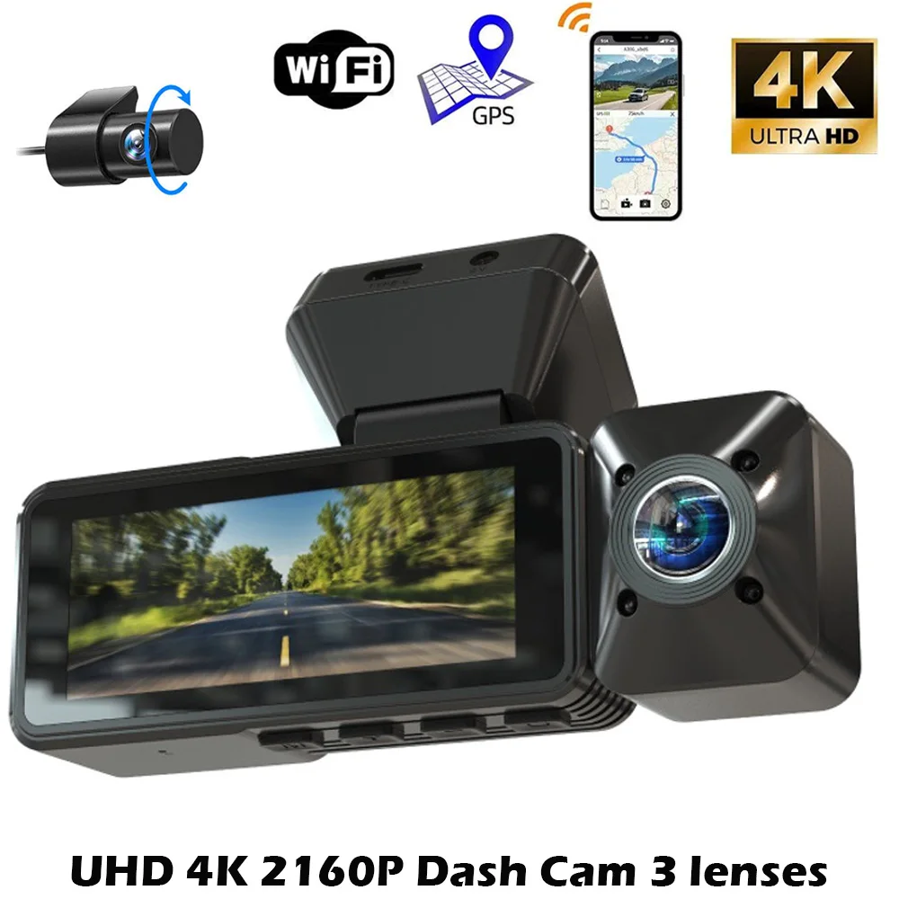 3Lens Dash Cam UHD Built-in GPS WiFi Car DVR Video Recorder Front Rear Black Box 24h Parking Night Vision Loop Recording Dashcam