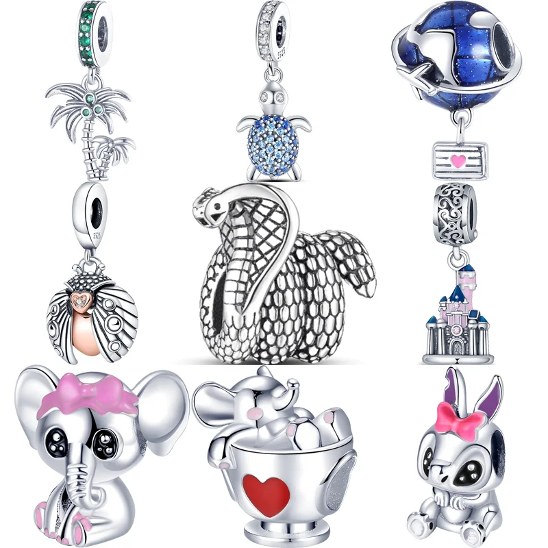 925 Sterling Silver Coconut Tree Turtle Elephant Mouse Castle Beads Fit Original Pandora Charms Bracelet DIY Women Jewelry Gifts