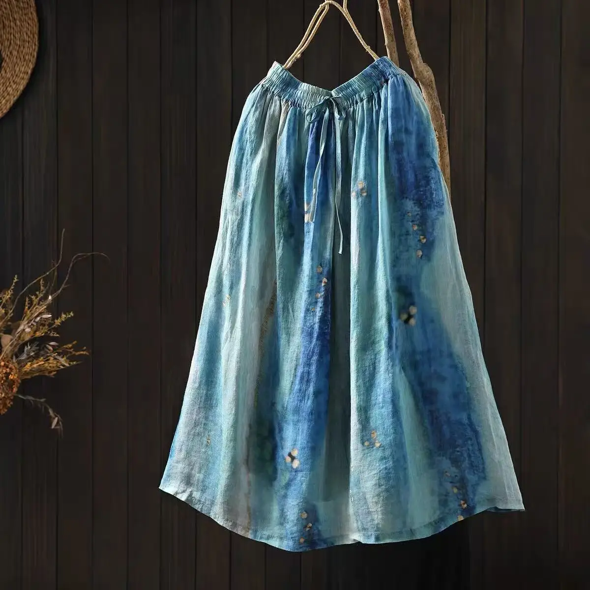 2026 Women's summer clothes bohemian 100% ramie skirts for women summer ethnic elastic waist print maxi skirts