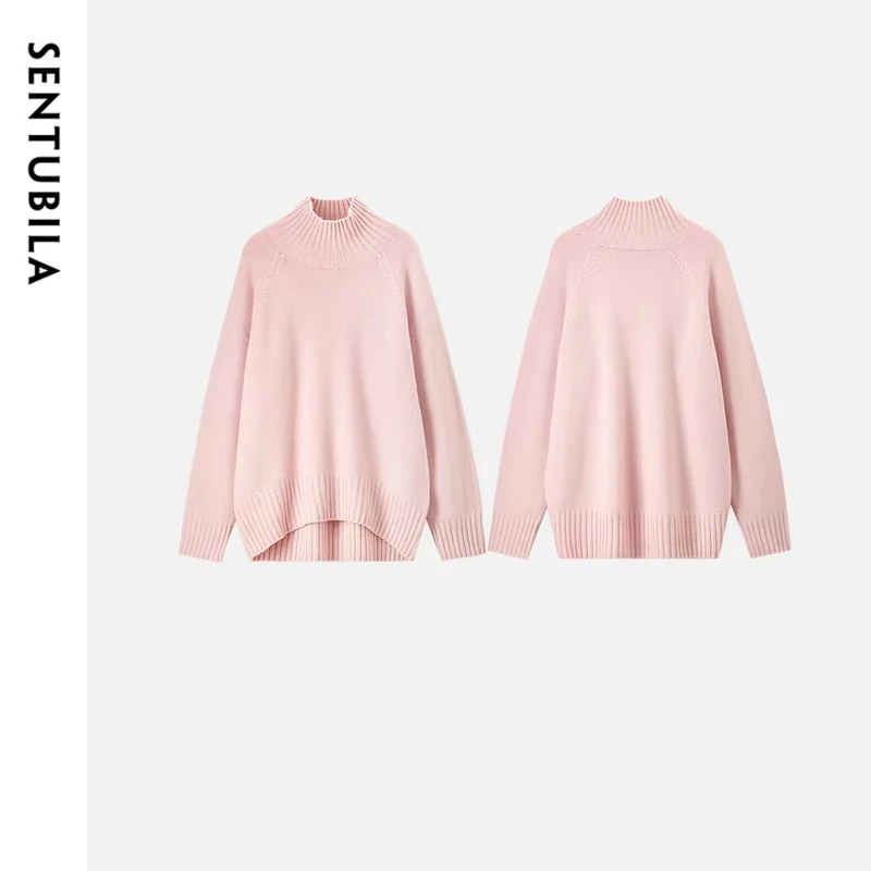 SENTUBILA Sweater wanita, Turtleneck 100% wol rajut pullover 2024 musim dingin ukuran besar lengan panjang hangat kasual jumper W44E57723