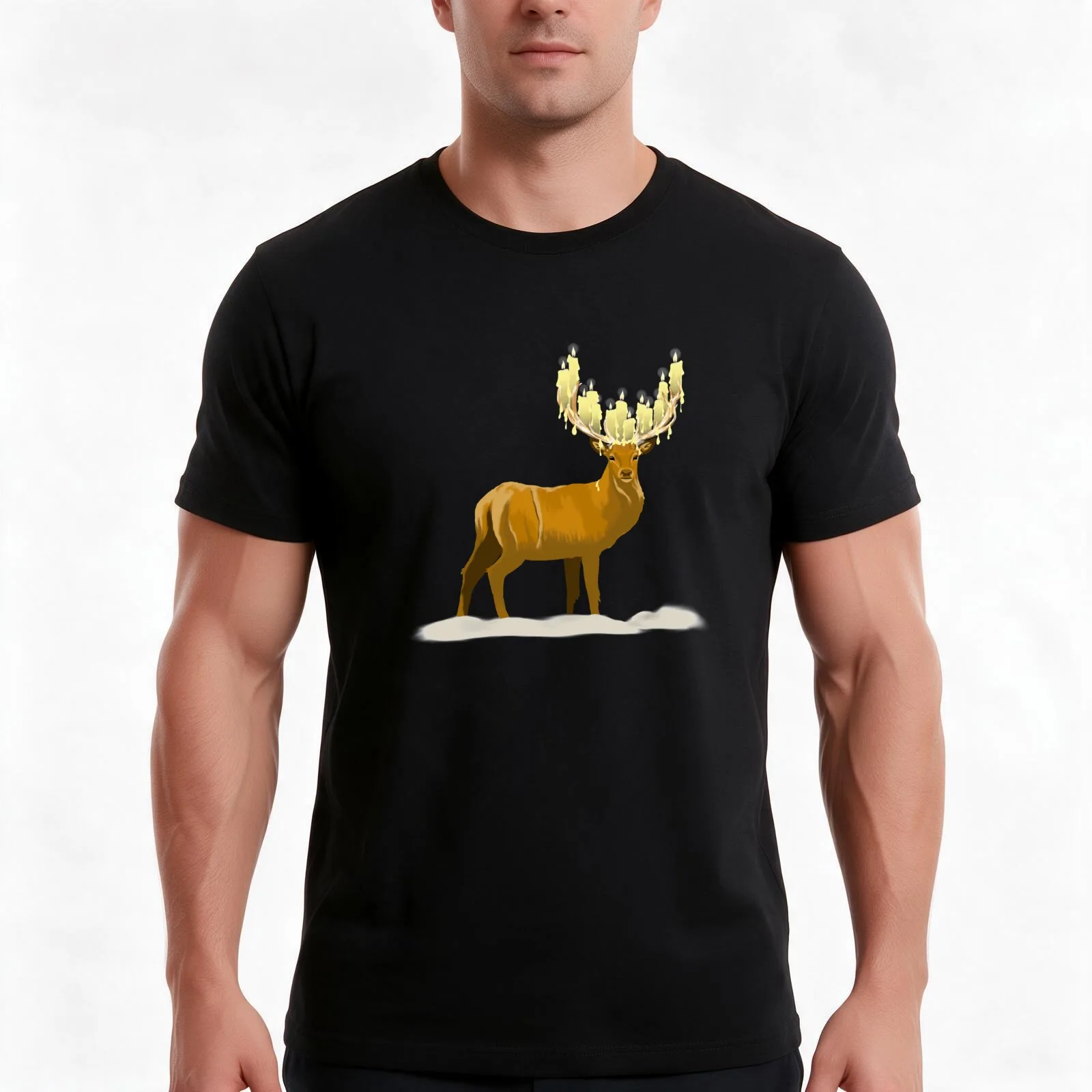 stag with candles T-Shirt, Summer Casual Cotton Tee, Oversized Streetwear Tops, Vintage Graphic Print, Loose Fit Short Sleeve