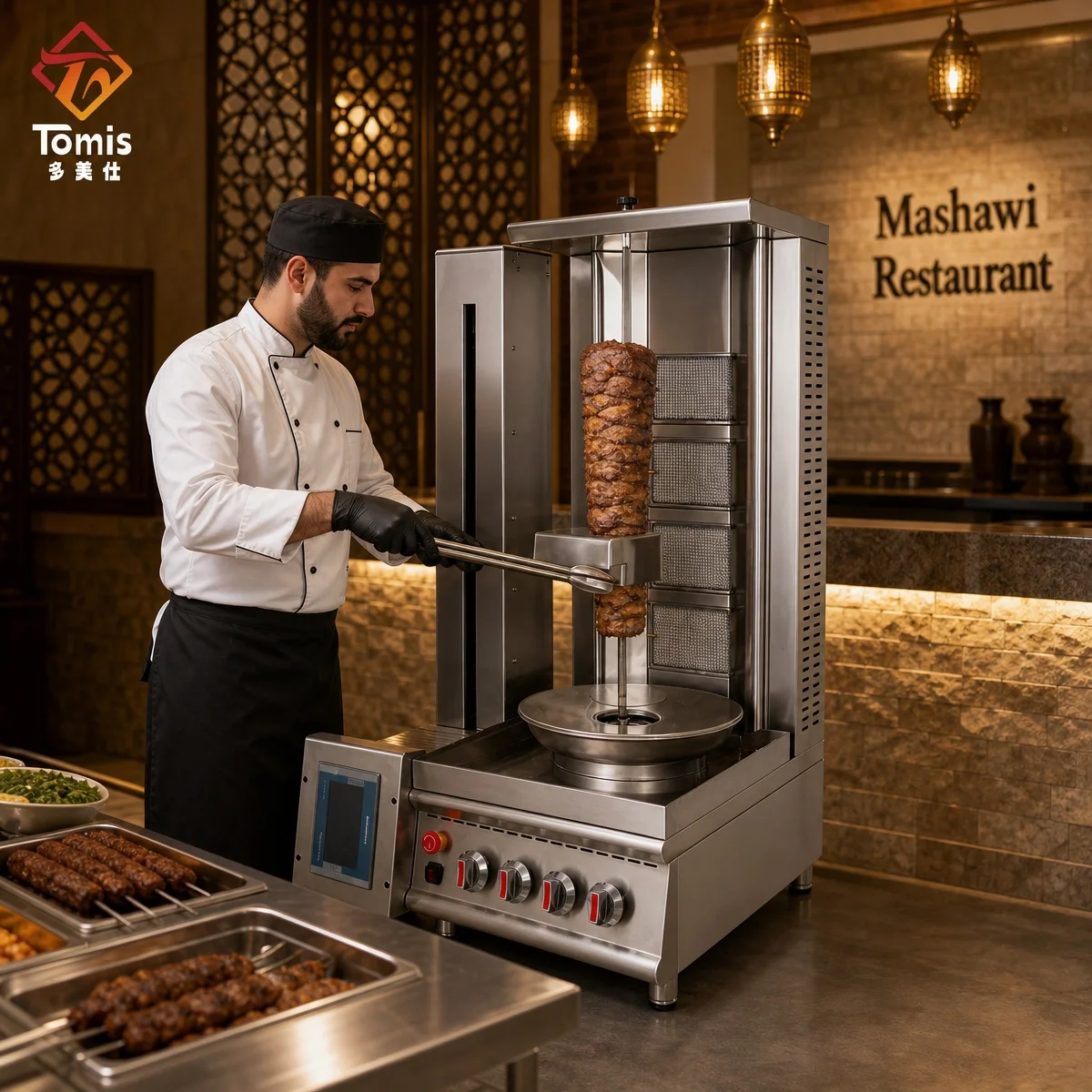 Commercial Gas Shawarma Machine Automatic Doner Kebab Grill 4 Burner Stainless Steel Vertical Rotisserie for Restaurant