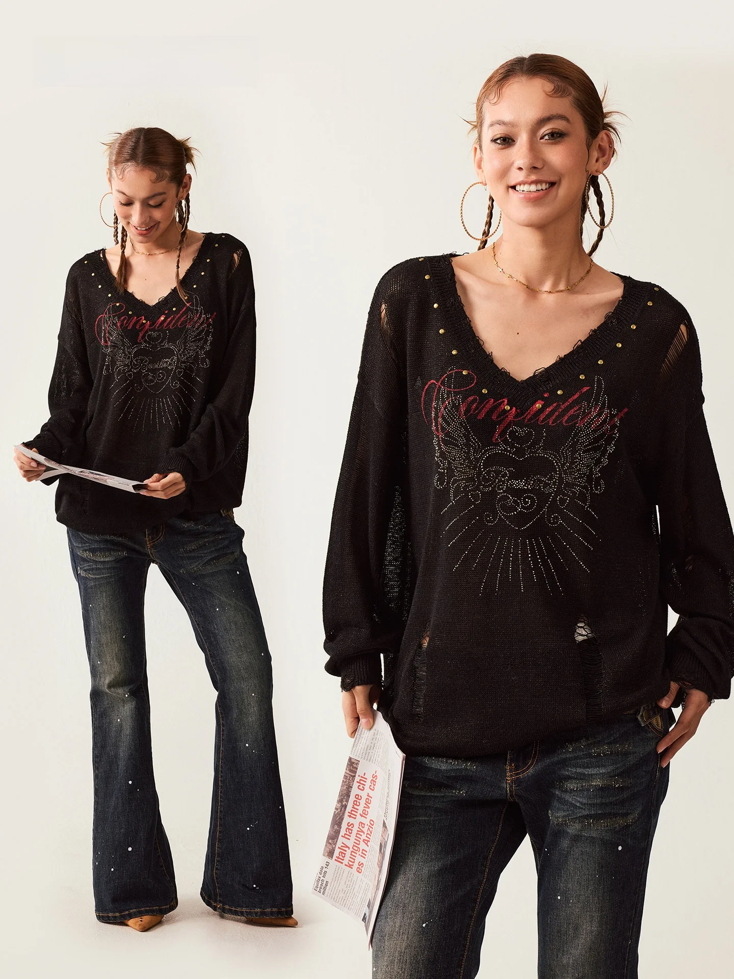 

BeerBro New Journey V-Ne Loose Fit Sweater Cover up Women's Spring Faion Heart Wings Diamond Heat Relaxing Feel