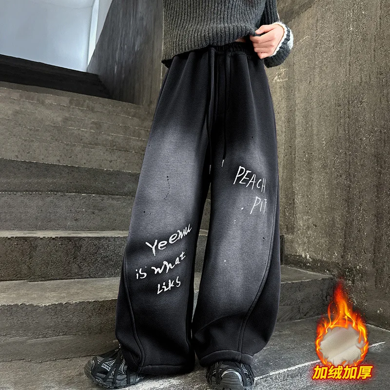 女の子用ワイドレッグパンツ,ルーズフィット,レタリング付き,ヨーロピアンファッション,冬のボトムス,韓国版,新しいコレクション2024