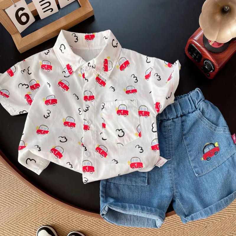 

2Piece Sets Summer Boy Boutique Clothes Korean Fashion Casual Cartoon Short Sleeve Baby Tops+Denim Shorts Kids Clothing B014