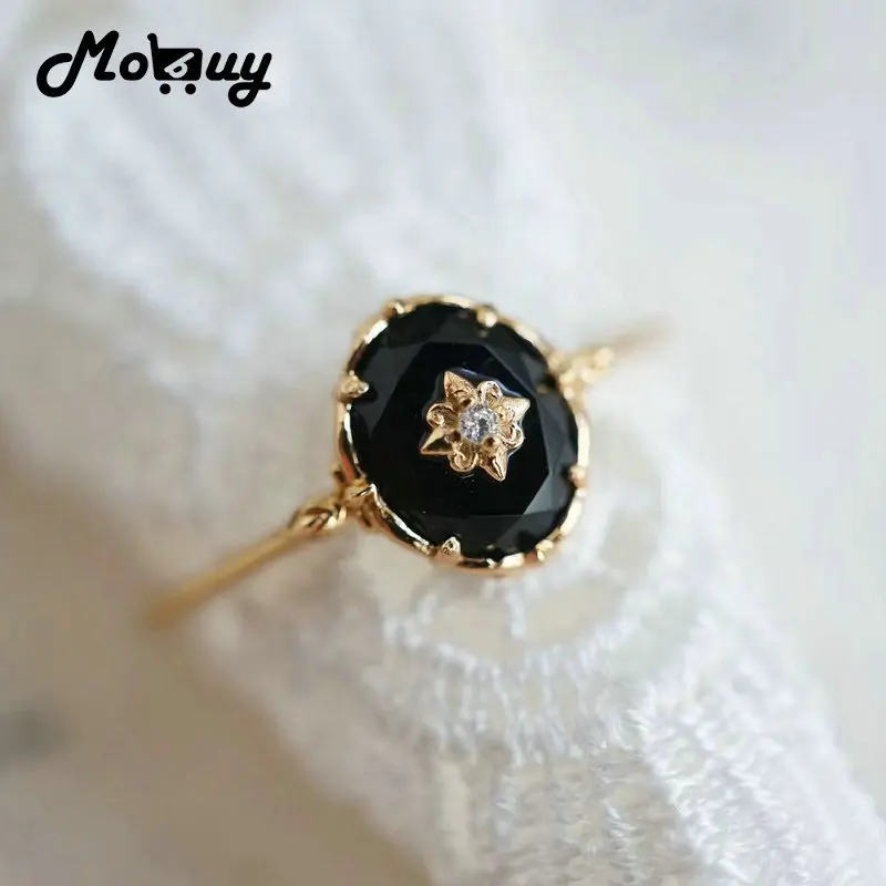 

MoBuy Natural Black Agate Ring For Women Gemstone Ring 925 Sterling Silver Gold Vermeil Fine Jewelry Vintage Elegant Bijou