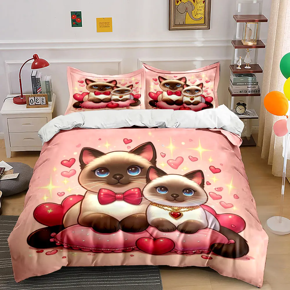 Cute Cats with Heart Decor Print Soft Comfortable Duvet Cover Bedding Set Included 1*Duvet Cover 2*Pillowcases Luxury gifts