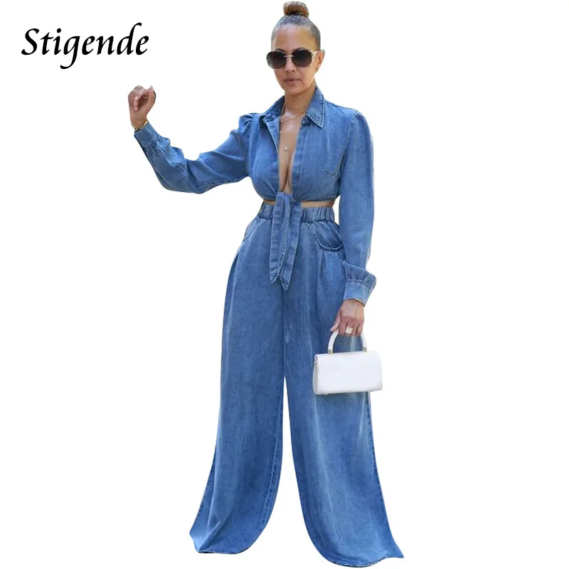 Stigende Loose Fit Denim 2 Piece Pants Set Women Long Sleeve Crop Top and Wide Leg Jeans