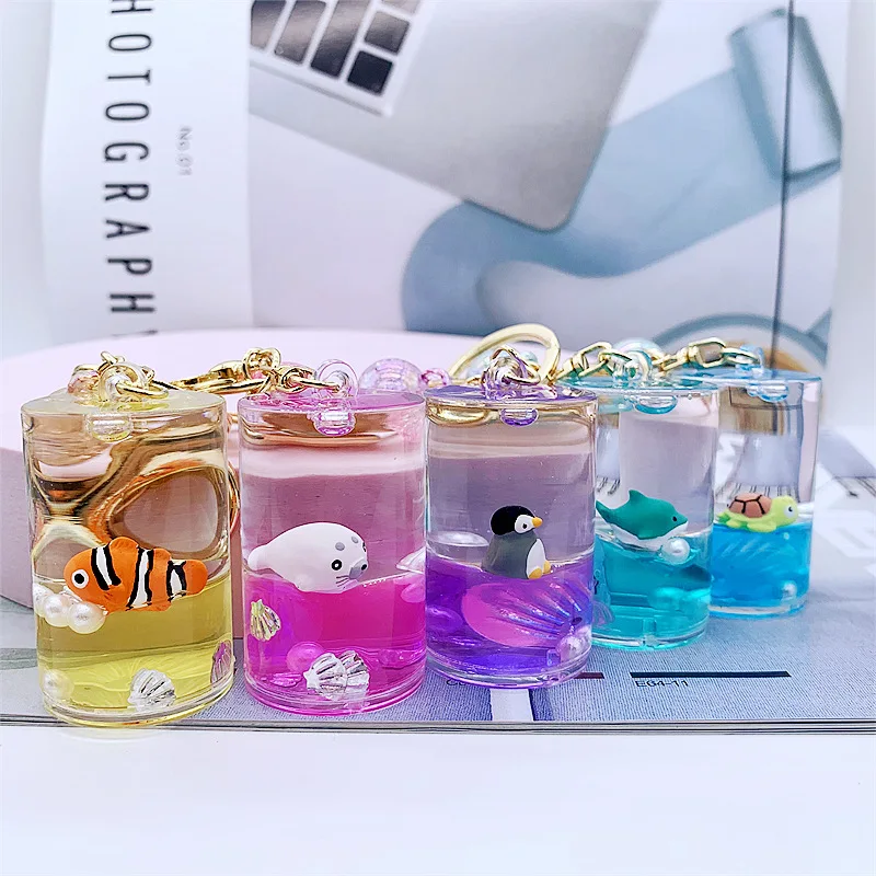 Floating Bottle Cute Key Chain Cartoon Crystal Ocean World Keychain Creative Bag Pendant for Women