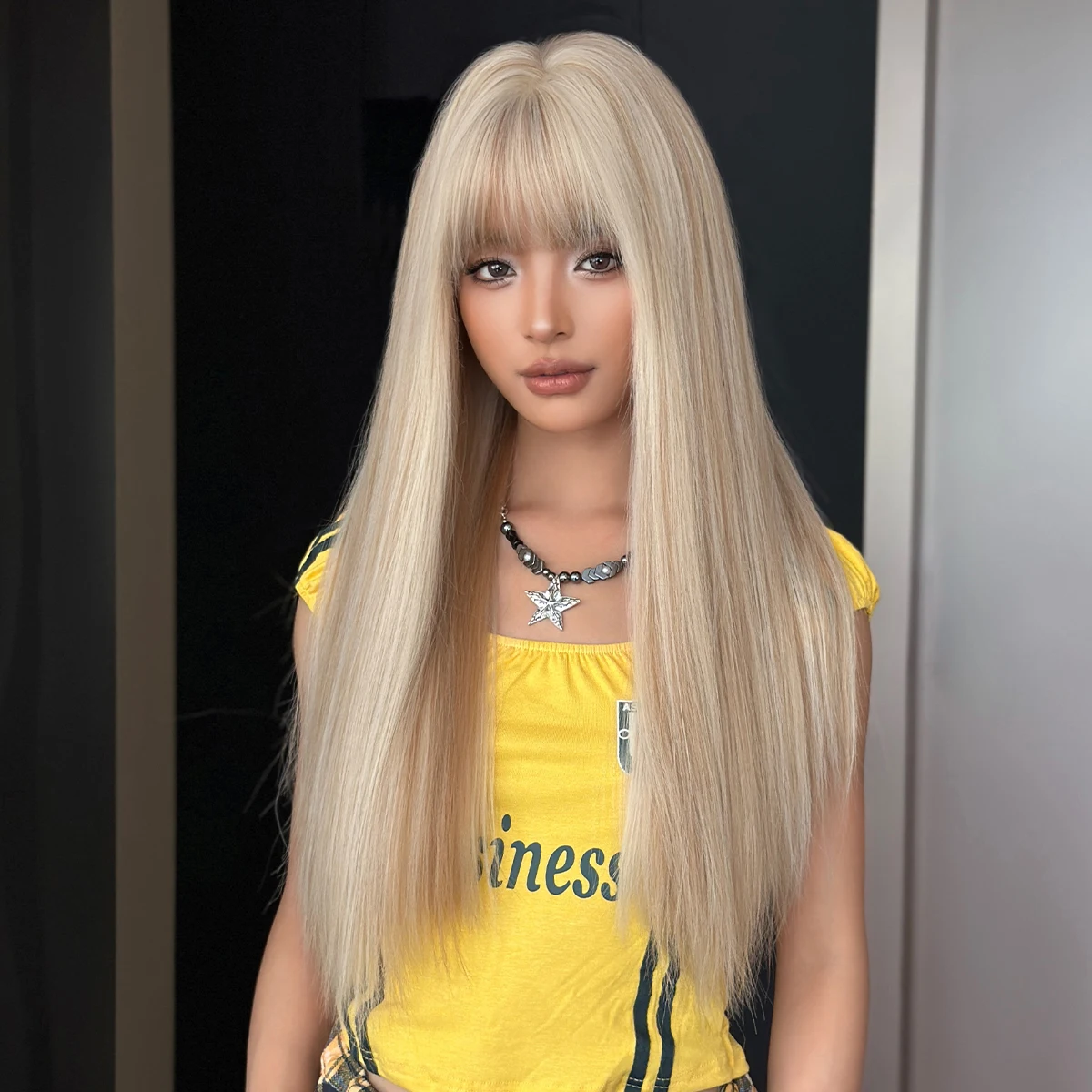 7JHH WIGS Long Straight Ash Blonde Wig for Women Synthetic Modest Fashion Wear and Go Highlight Beige Wigs with Neat Bangs