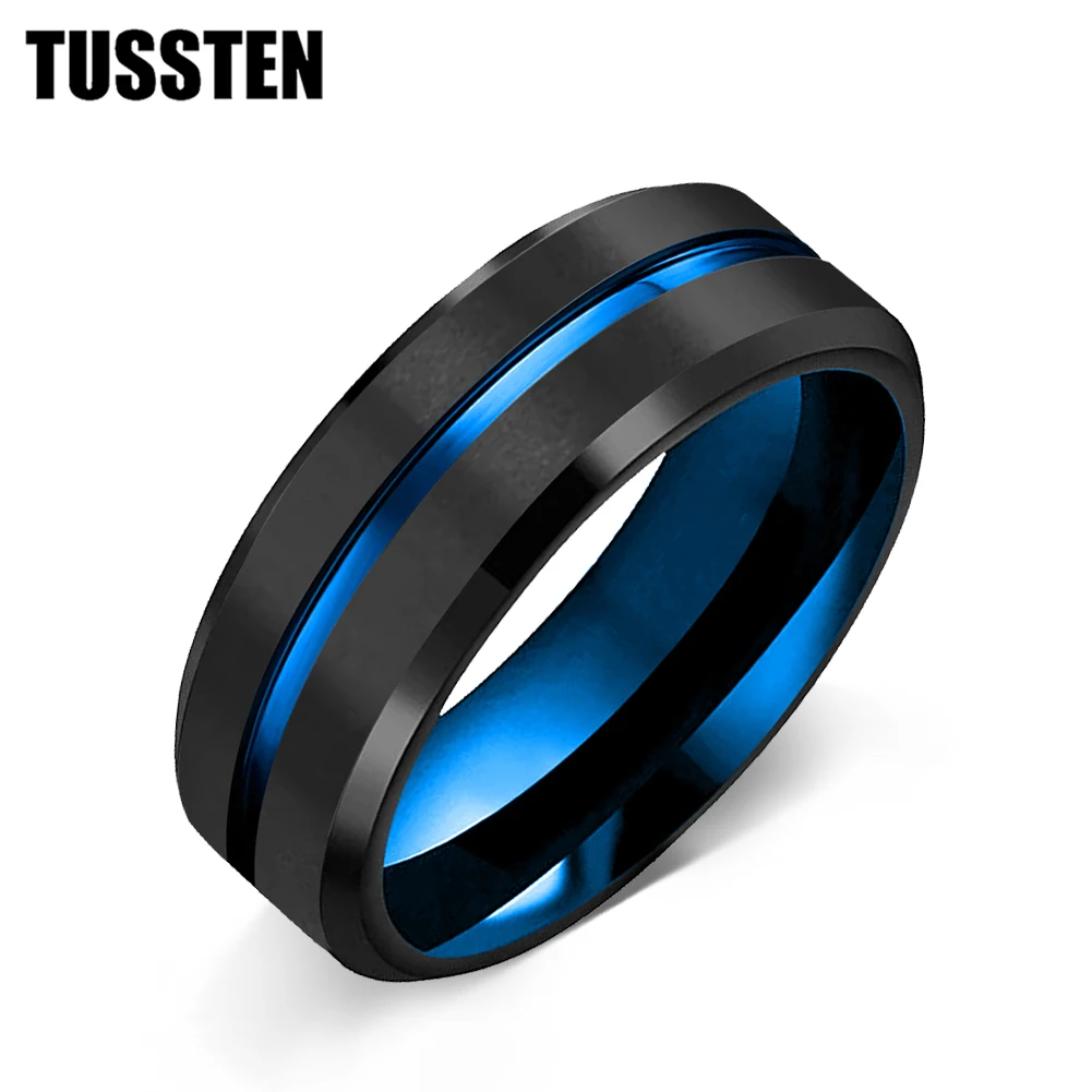 

Dropshipping TUSSTEN Men's 8mm Blue&Black Double Tones Tungsten Carbide Ring Matte Finish Beveled Grooved Wedding Band