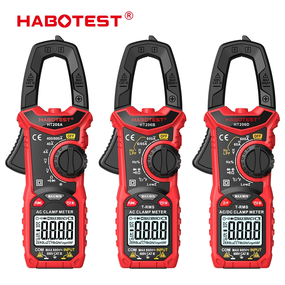 Digital Clamp Meter Multimeter HABOTEST HT206 DC/AC Current 600A Ammeter Voltage Tester Car Amp Hz Capacitance NCV Ohm Test