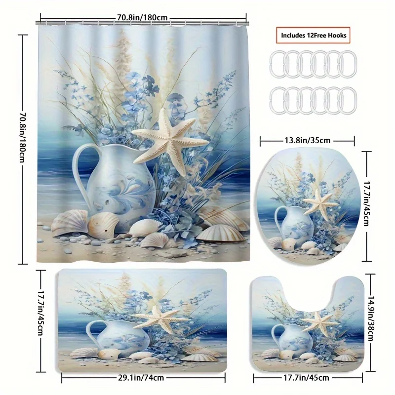 1/4pcs Ocean Series Blue Shell White Starfish Printed Shower Curtain Set, Decorative Bathroom Set include waterproof shower curt