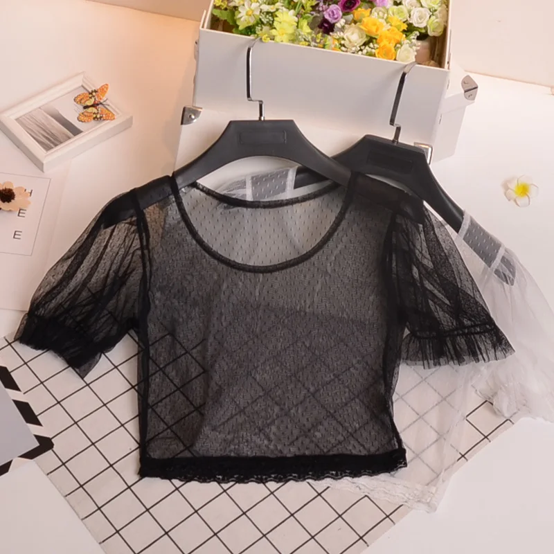 Women's Summer round Neck Mesh Halter Neck T-Shirt Breathable Short Sleeve Gauze Lace Trim Base Shirt Korean Style Slim Fit