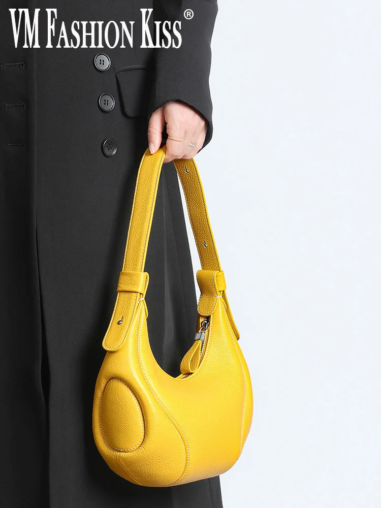 

VM FASHION KISS Cowhide Leather Dumpling Bag Soft Leather Elegant Armpits Handbag Minimalist Crossbody Bag Women Female Luxury