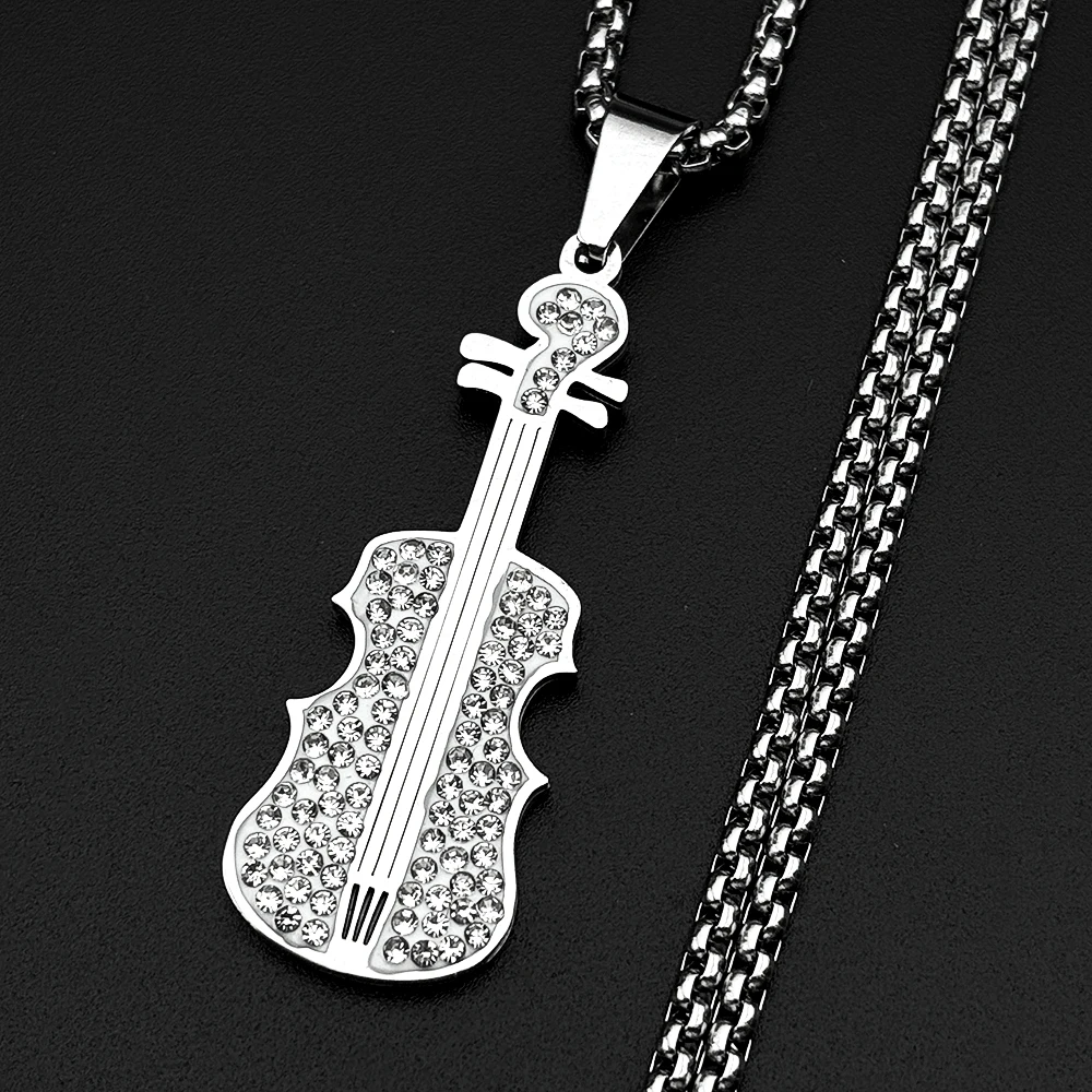 Vollständig mit Strass Besetzte Geigen-Anhänger-Halskette für Damen und Herren, Edelstahl in Goldfarbe, Klassische Musikliebhaber-Modekette, Schmuckgeschenk – Detail 9