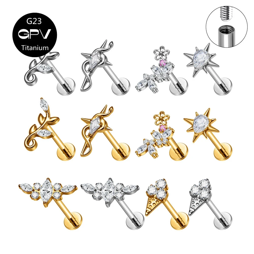 New G23 F136 Titanium Ear Bone Studs, Flower and Leaf Design 18K Gold Fashionable Pierced Jewelry for OL Men and Women