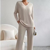 2025 Autumn Winter New Home Set Elegant V-Neck Ribbed Two-Piece Fashion Casual Straight Leg Pants Loose Comfort Outfit
