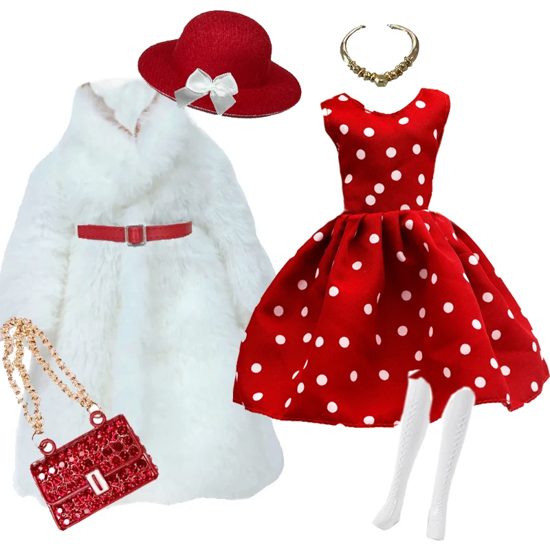 Buyeedoll roupas de pele vestido bolsa sapatos pacote roupa para 12 polegada moda boneca longo pele chita casaco conjunto para 1/6 boneca roupas diy