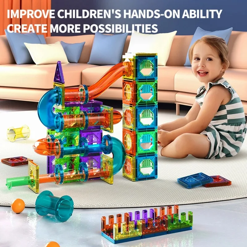 

Light Magnetic Tiles Building Blocks for Kids, 3D Clear Educational Building Toys, Magnetic Marble Run Blocks Toys for Kids