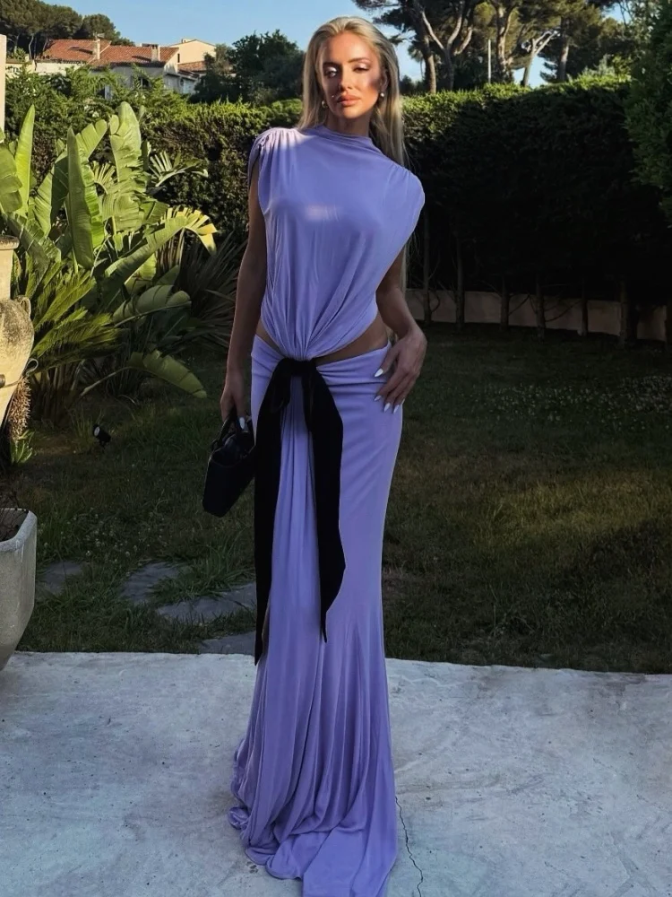 Mouwloze Lage Taille Feestjurken Zomer Vestidos Largos Asymmetrische Uitsparing Strikje Lange Jurk Vrouwen Avondjurk 2025 Nieuwe