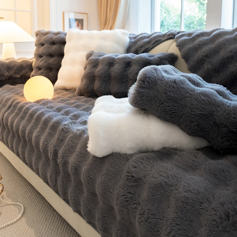 

Winter Thicken Sofa Cover Non-slip Sofa Cushion Living Room Decoration Universal Rabbit Plush Couch Cover Slipcovers Home Decor