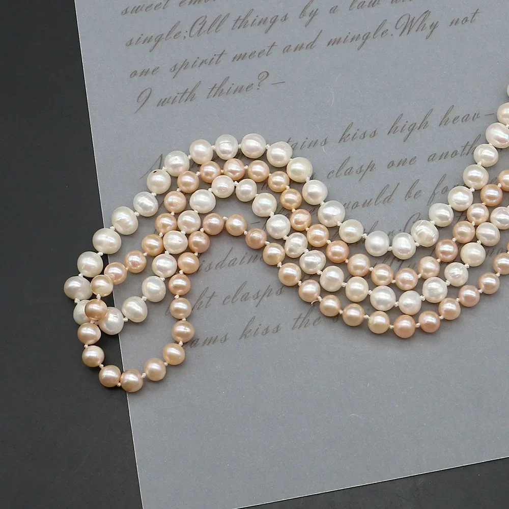 Stylish Natural Freshwater White Baroque Round Pearl Straight-Hole Necklace Jewelry Accessory for Outfits Qipao Handbags